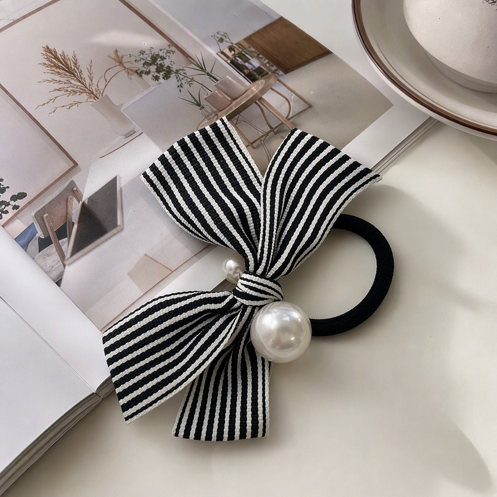 Fashionable and simple black and white striped bow hair band, versatile hair accessory, hair accessory, hair clip, student hair band, hair tie, hair rope for women details Picture