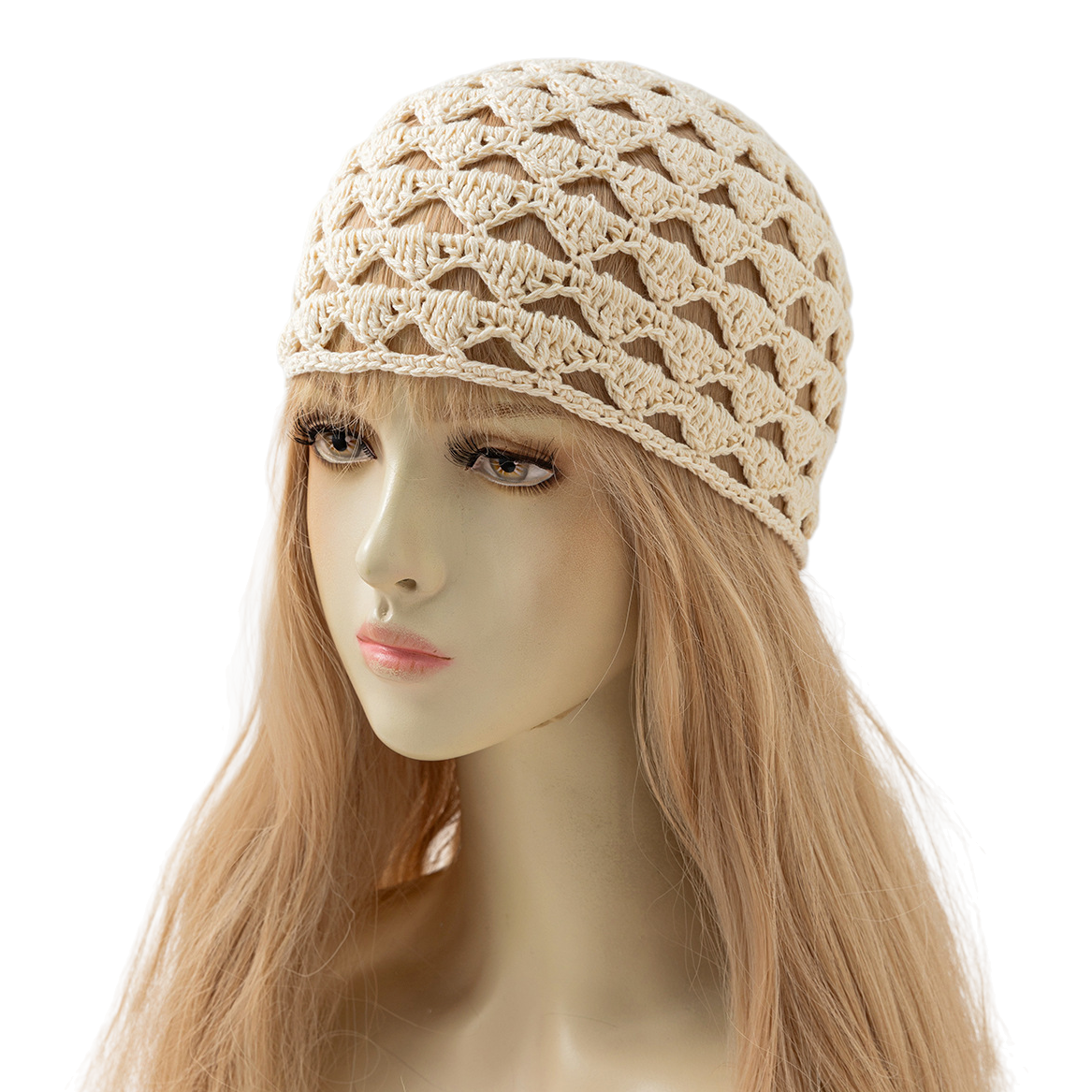 The beige crochet hat on the model's head showcases a fashionable, casual and warm winter woolen hat as a trendy accessory for women Item Picture