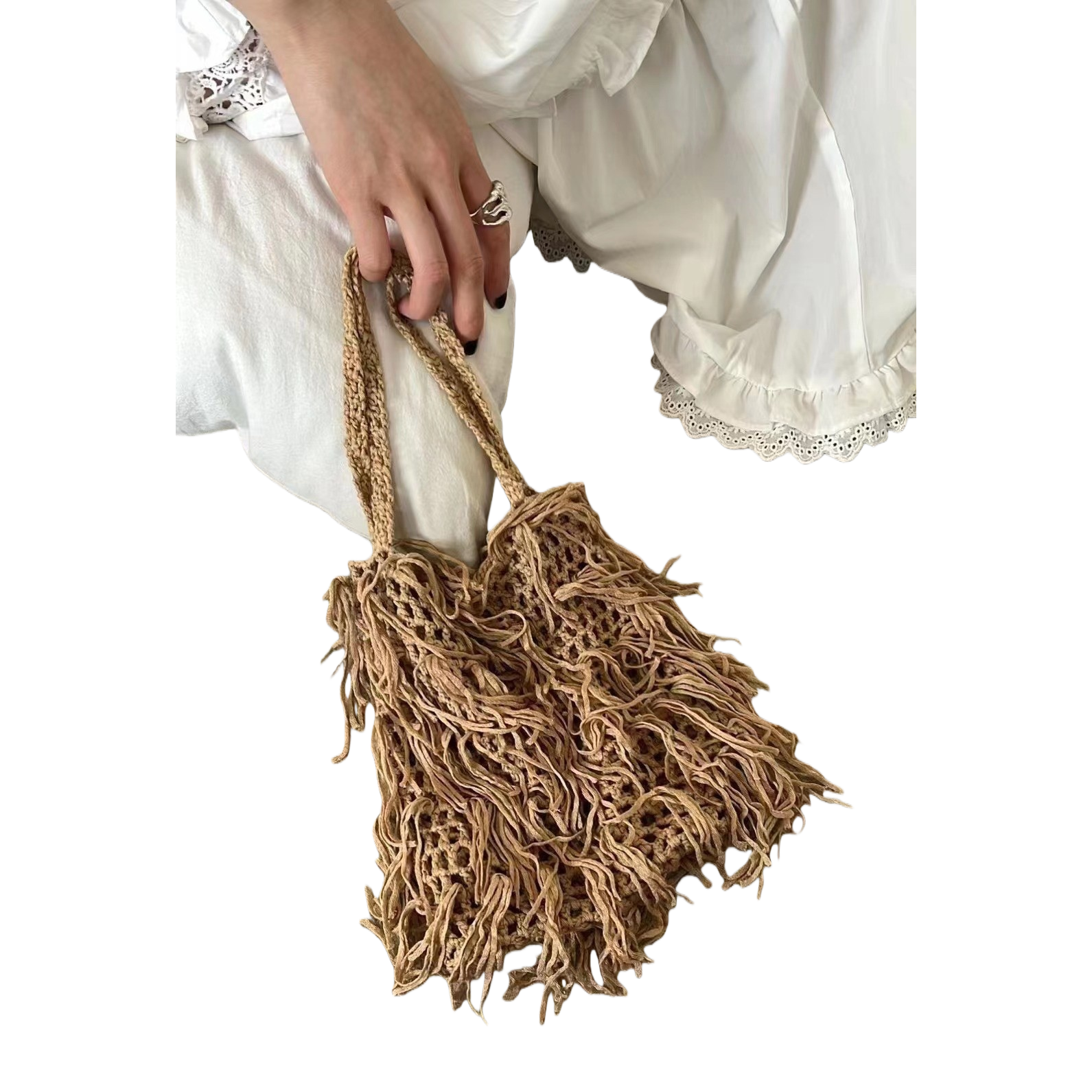 Fashionable beige fringed woven bag, hand-held crossbody bag, women's bag, casual and versatile, trendy single-shoulder bag Item Picture