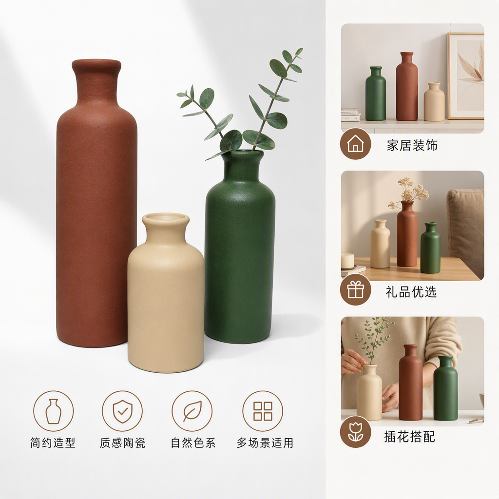 The three-color ceramic vase set in brownish green and beige is a simple and modern home living room decoration item