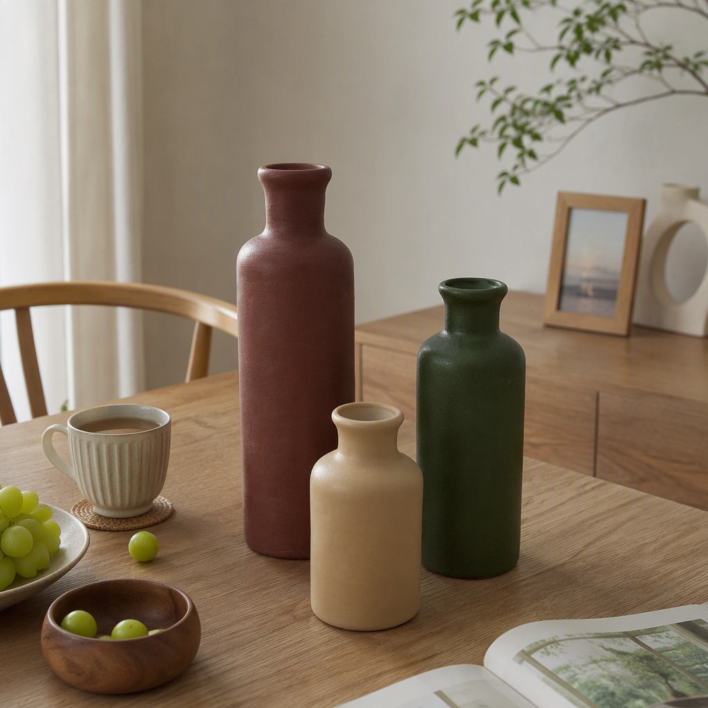 The three-color ceramic vase set in brownish green and beige is a simple and modern home living room decoration item details Picture