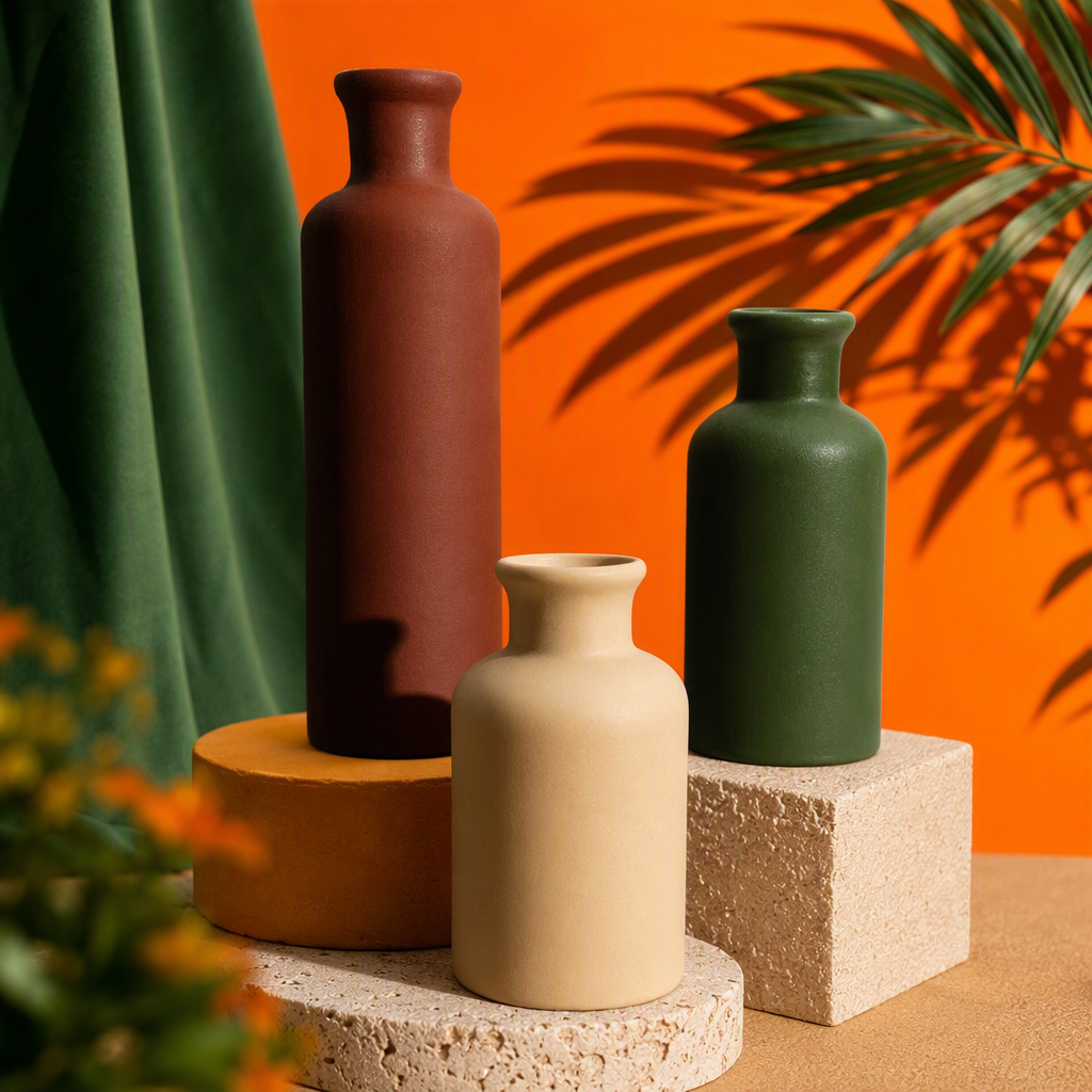 The three-color ceramic vase set in brownish green and beige is a simple and modern home living room decoration item Specification image
