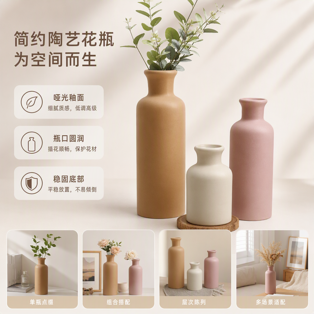 A set of three-piece creative colored ceramic vases, simple and modern home decoration ornaments, artworks and gifts