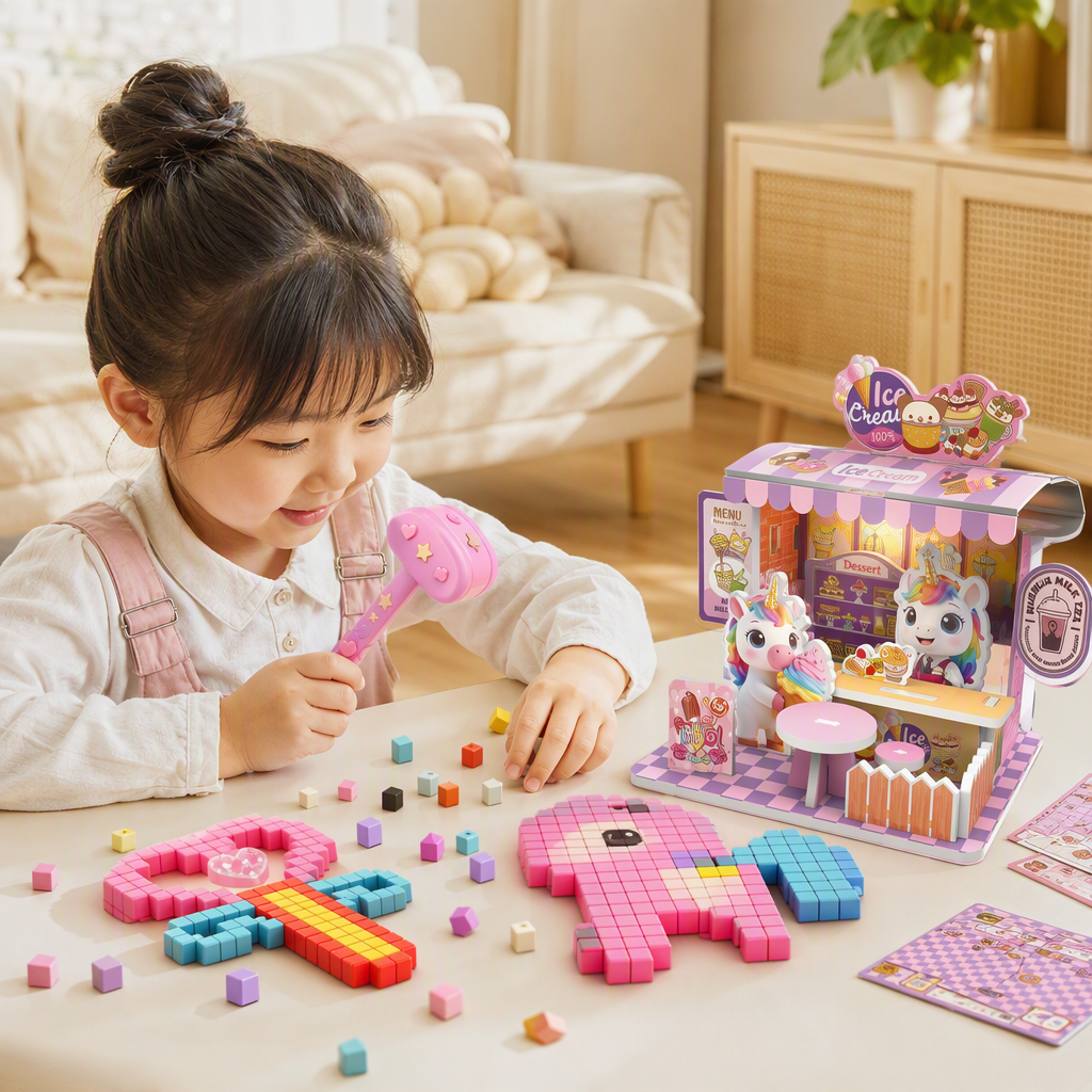 Pink unicorn-themed DIY bean-shaped puzzle fun and educational children's toy creative assembly puzzle game details Picture
