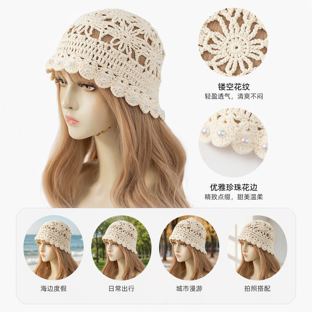 The off-white crochet hat with pearl lace is suitable for blonde models to wear as a fashionable and versatile winter warm hat