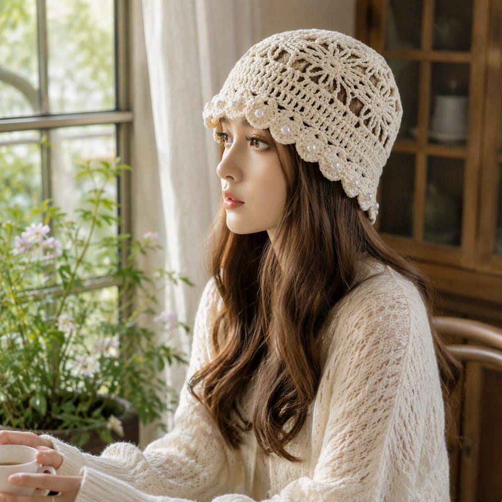 The off-white crochet hat with pearl lace is suitable for blonde models to wear as a fashionable and versatile winter warm hat details Picture