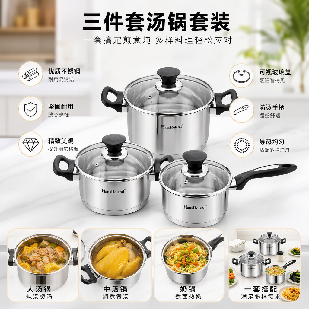 Multi-functional kitchen cookware set, household stew pot, soup pot, frying and stir-frying pot combination, practical and durable kitchenware products HR1119-1 Specification image