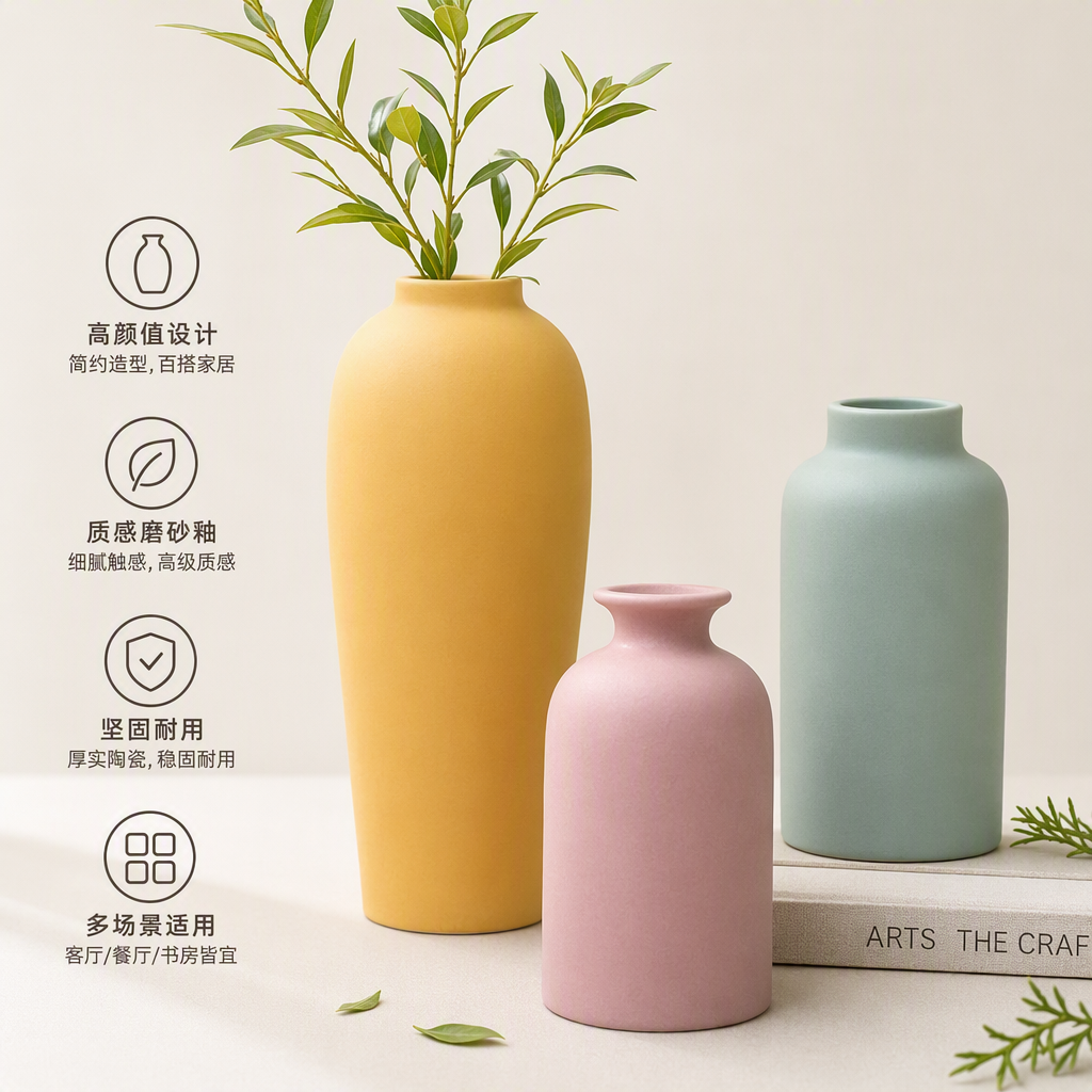 Matte ceramic vase in a three-color combination of yellow, pink and green, a simple and modern home decoration