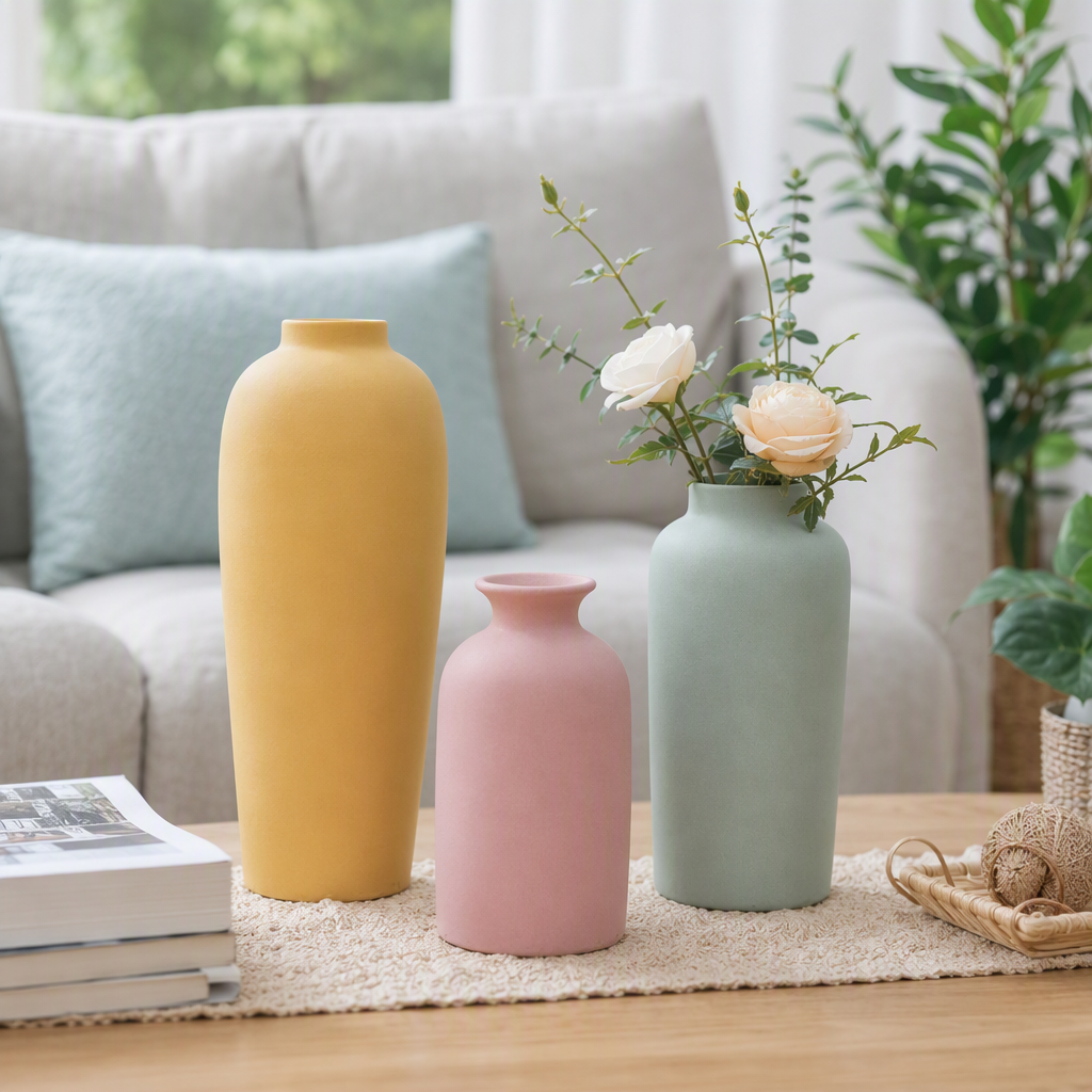 Matte ceramic vase in a three-color combination of yellow, pink and green, a simple and modern home decoration details Picture