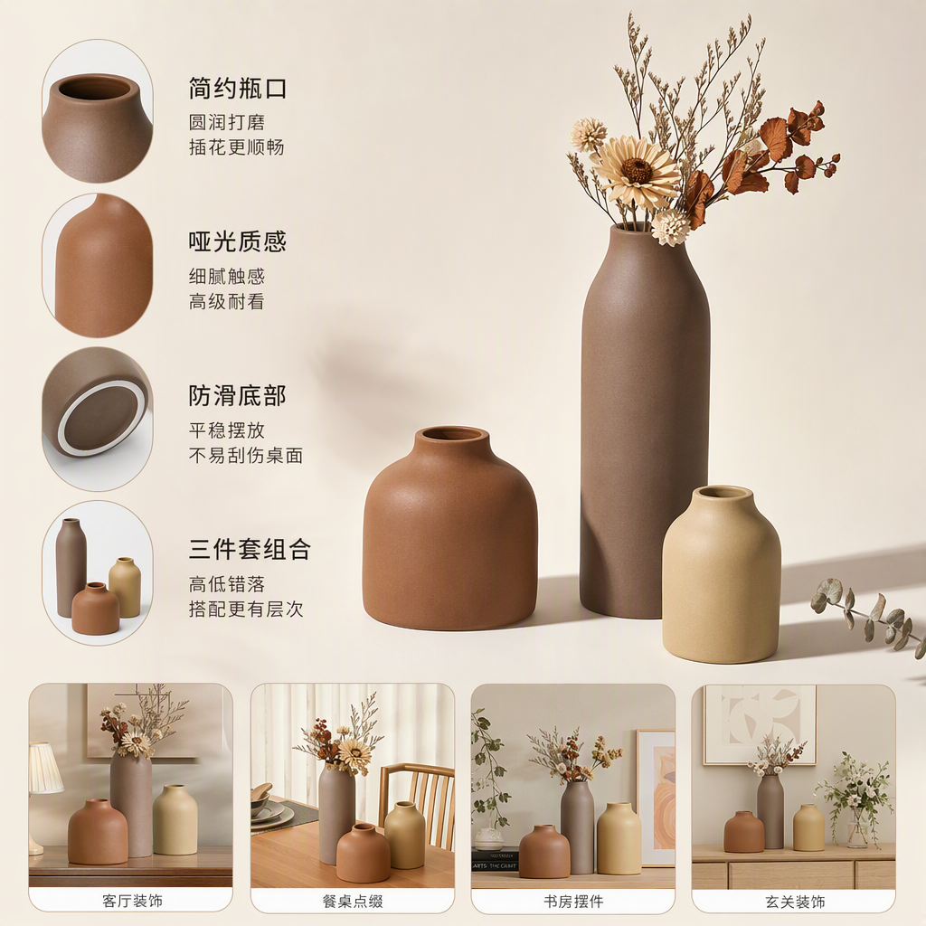 A set of three ceramic vases for simple and creative home decoration. It is a gift for the living room and bedroom, featuring elegant ceramic craftsmanship