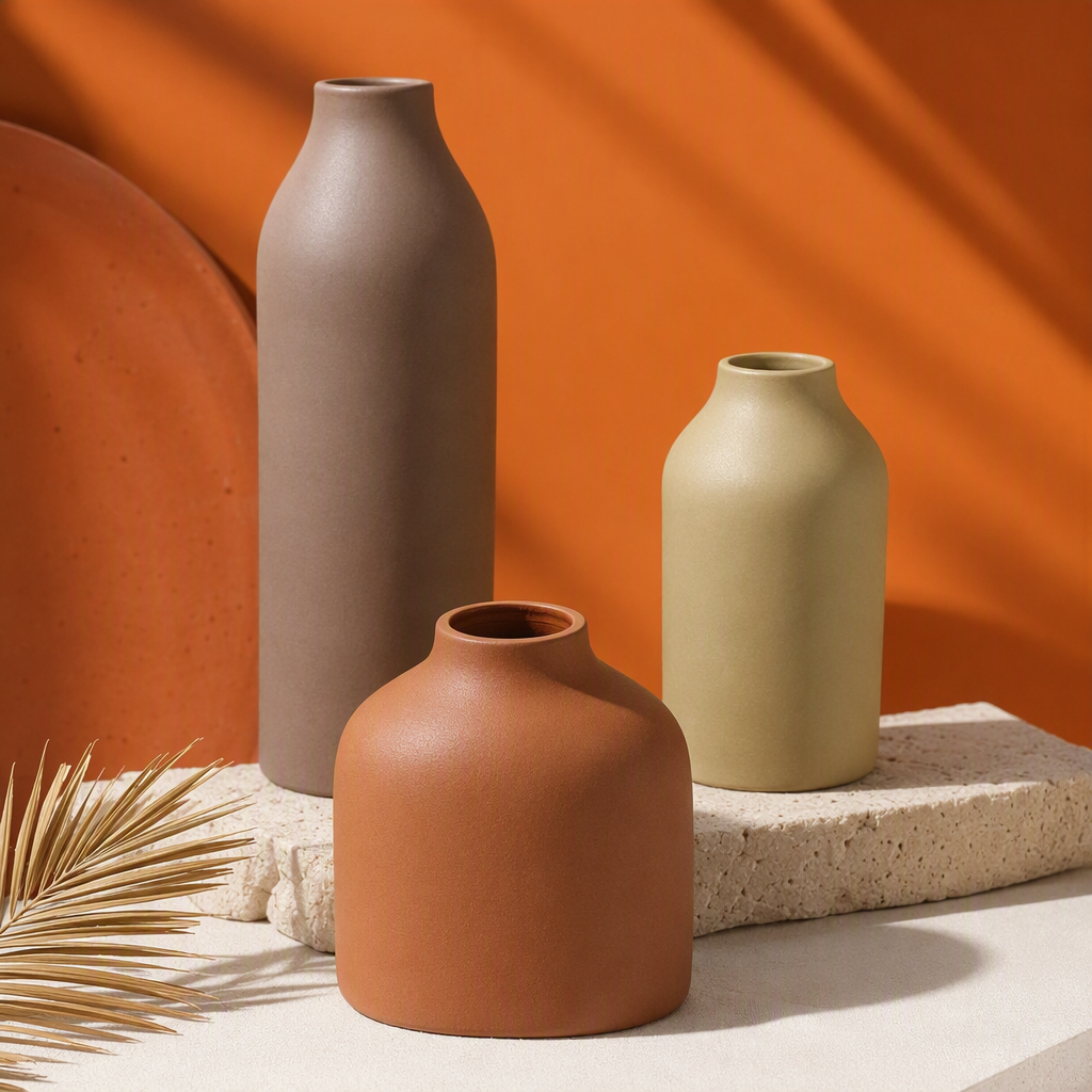 A set of three ceramic vases for simple and creative home decoration. It is a gift for the living room and bedroom, featuring elegant ceramic craftsmanship Specification image