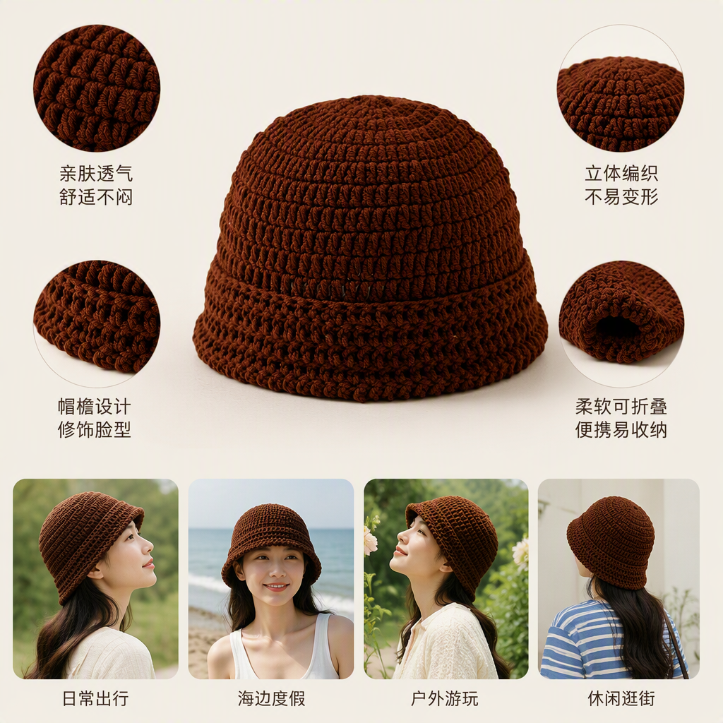 Hand-crocheted warm autumn and winter hats, fashionable and casual brown knitted hats, trendy hats for women and men