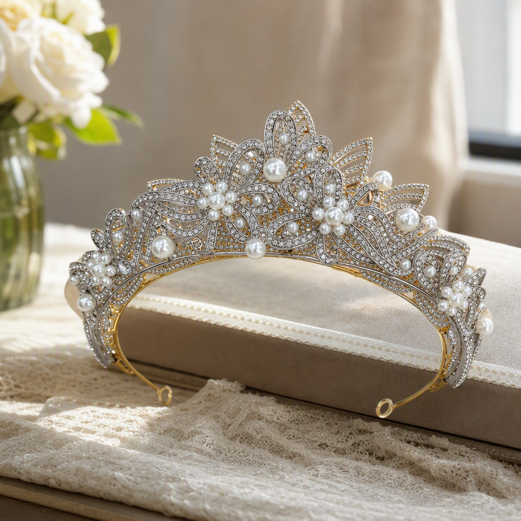 Shining silver diamond-encrusted pearl flower crown headwear, elegant wedding hair accessory, girls' hair accessory, trendy accessory details Picture