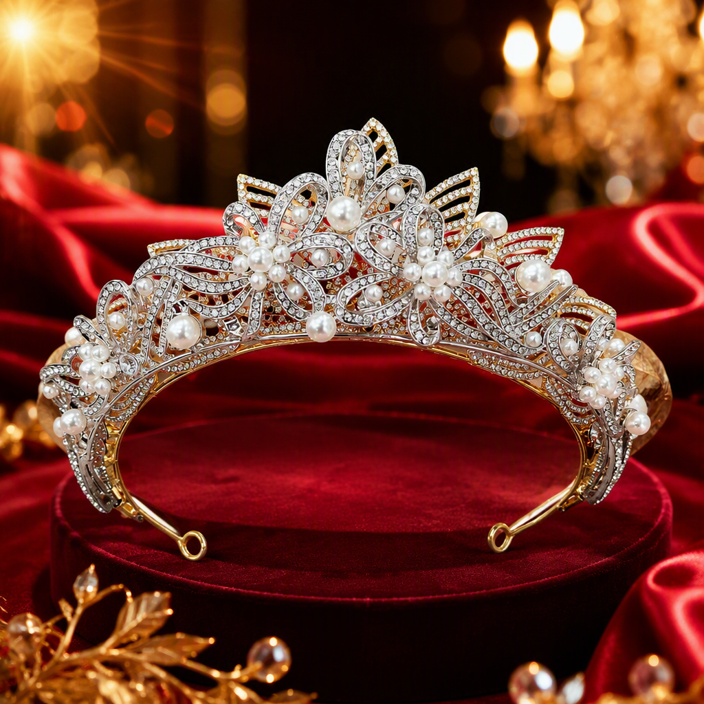 Shining silver diamond-encrusted pearl flower crown headwear, elegant wedding hair accessory, girls' hair accessory, trendy accessory Specification image