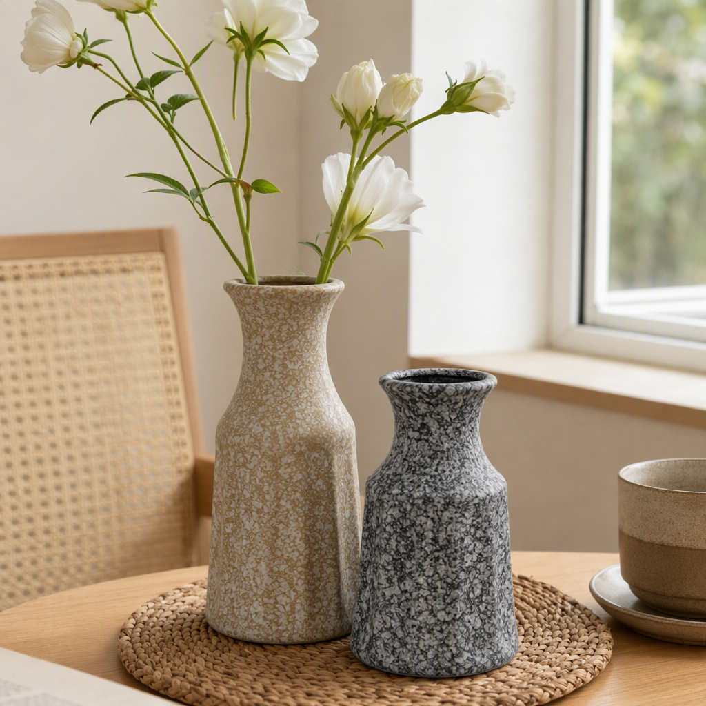 The beige spotted vase is a simple and modern living room decoration. The black spotted ceramic art decoration is a home furnishing details Picture
