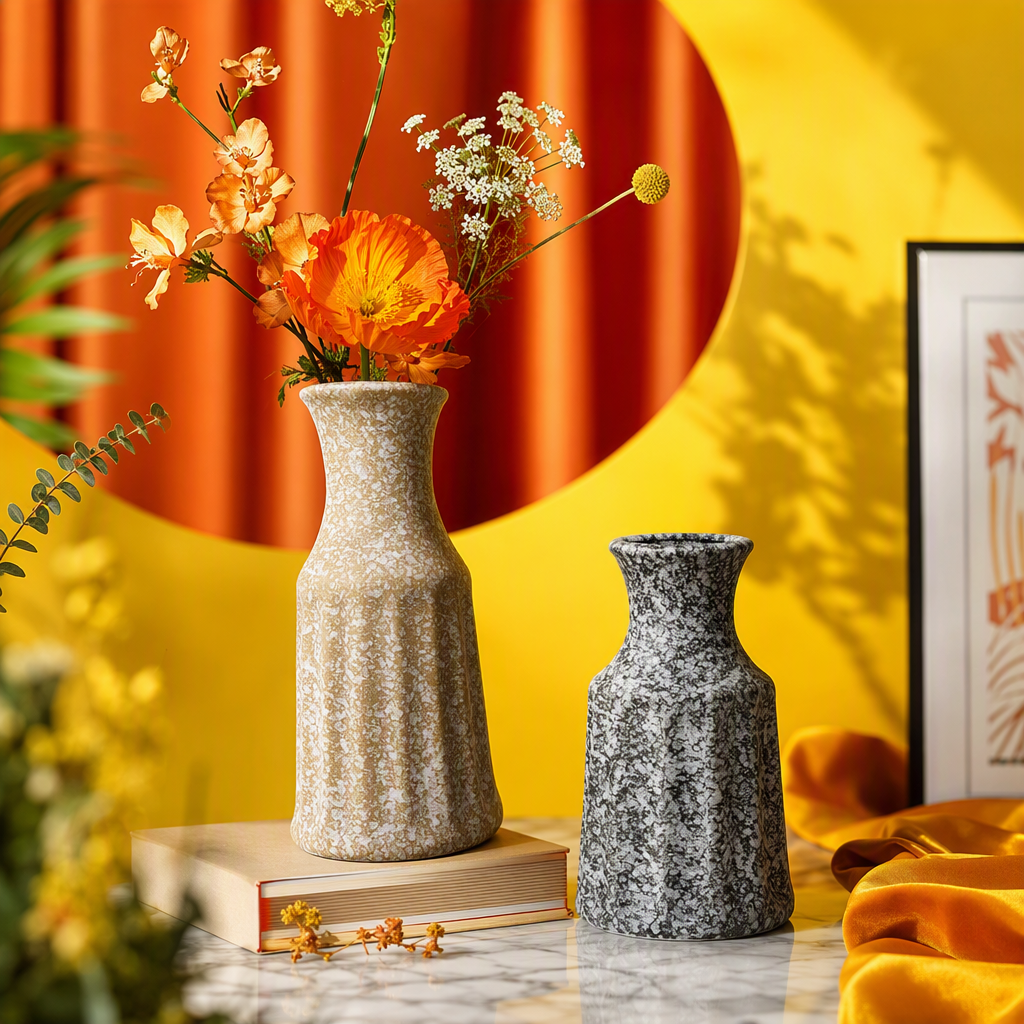 The beige spotted vase is a simple and modern living room decoration. The black spotted ceramic art decoration is a home furnishing Specification image