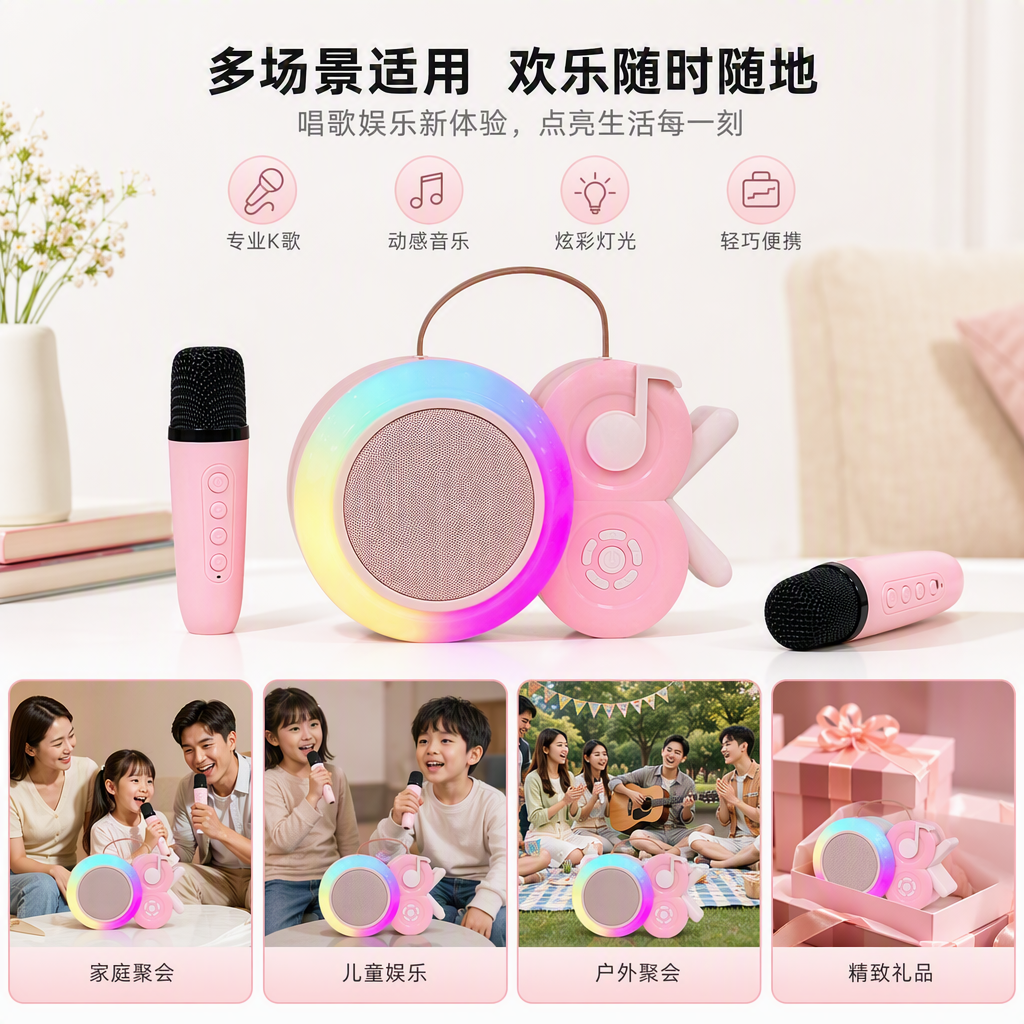 Pink cartoon audio set, rainbow light ring speaker, creative and trendy children's portable mini multi-functional entertainment gift