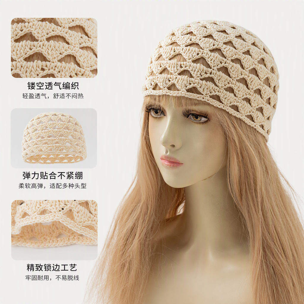 The beige crochet hat on the model's head showcases a fashionable, casual and warm winter woolen hat as a trendy accessory for women
