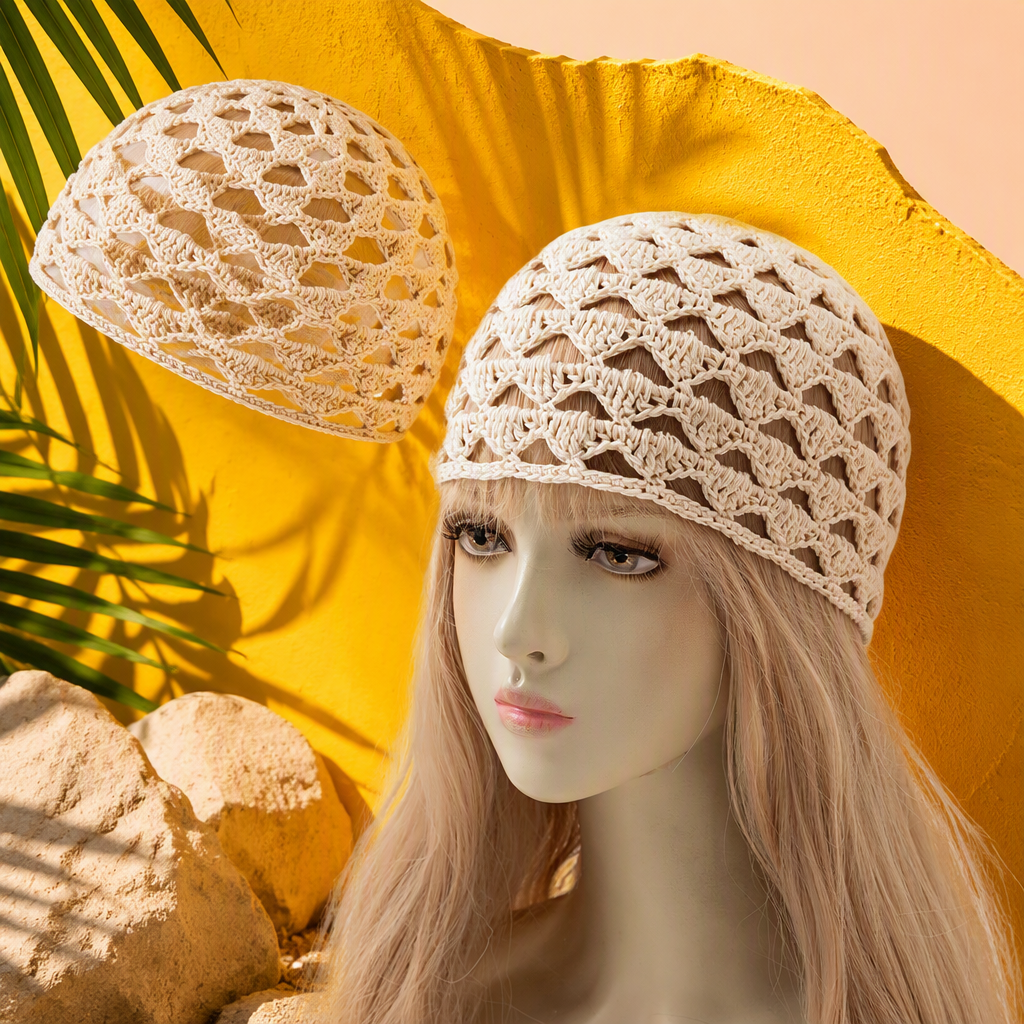 The beige crochet hat on the model's head showcases a fashionable, casual and warm winter woolen hat as a trendy accessory for women Specification image