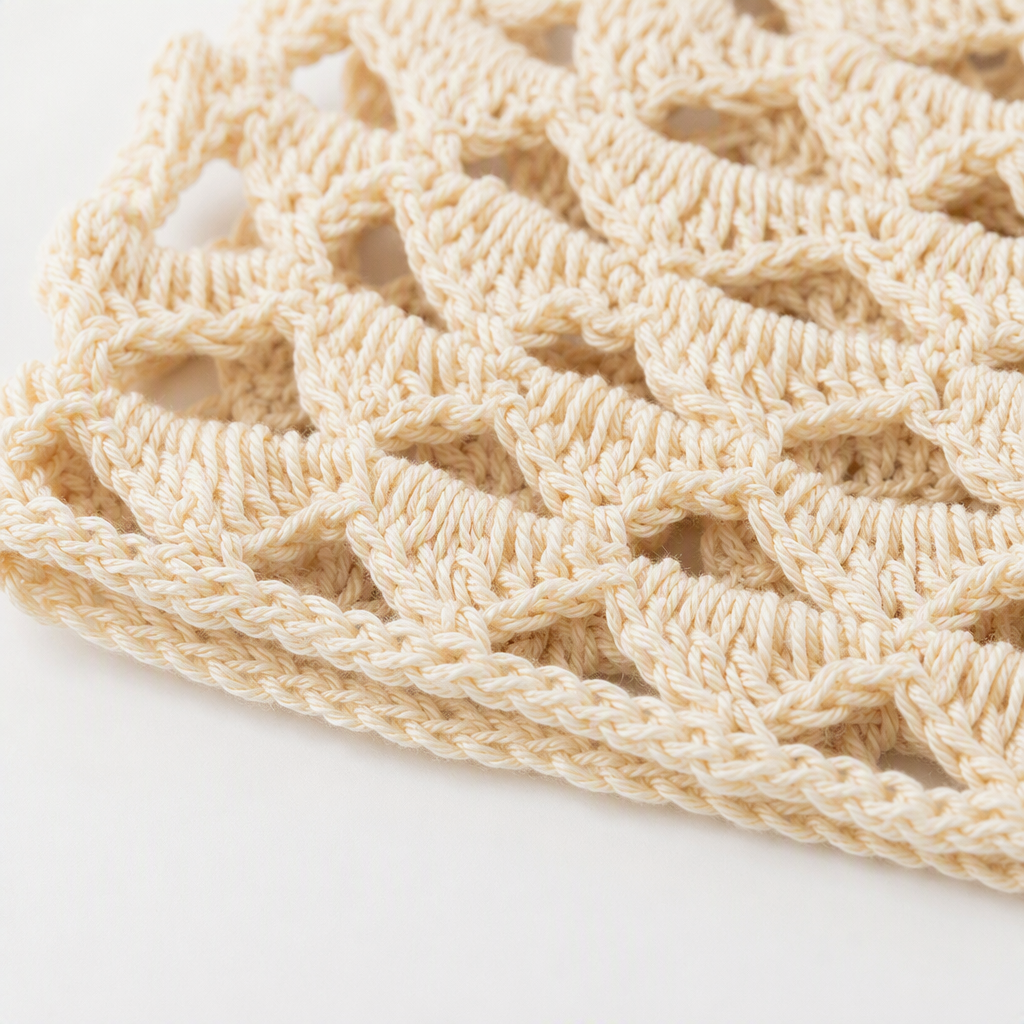 The beige crochet hat on the model's head showcases a fashionable, casual and warm winter woolen hat as a trendy accessory for women Application Scenario