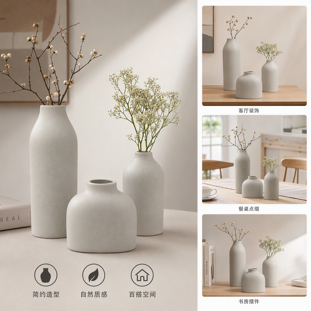Jarrón de cerámica blanco arroz tres piezas simple y moderno sala de estar dormitorio decoración del hogar artículos de regalo regalos