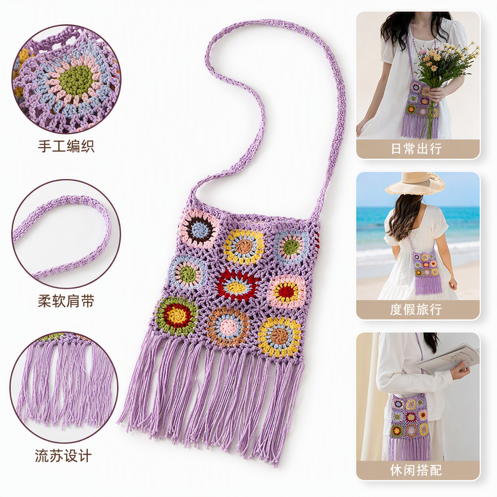 Colorful crochet tassel bag, hand-woven retro casual crossbody bag, trendy and versatile women's bag