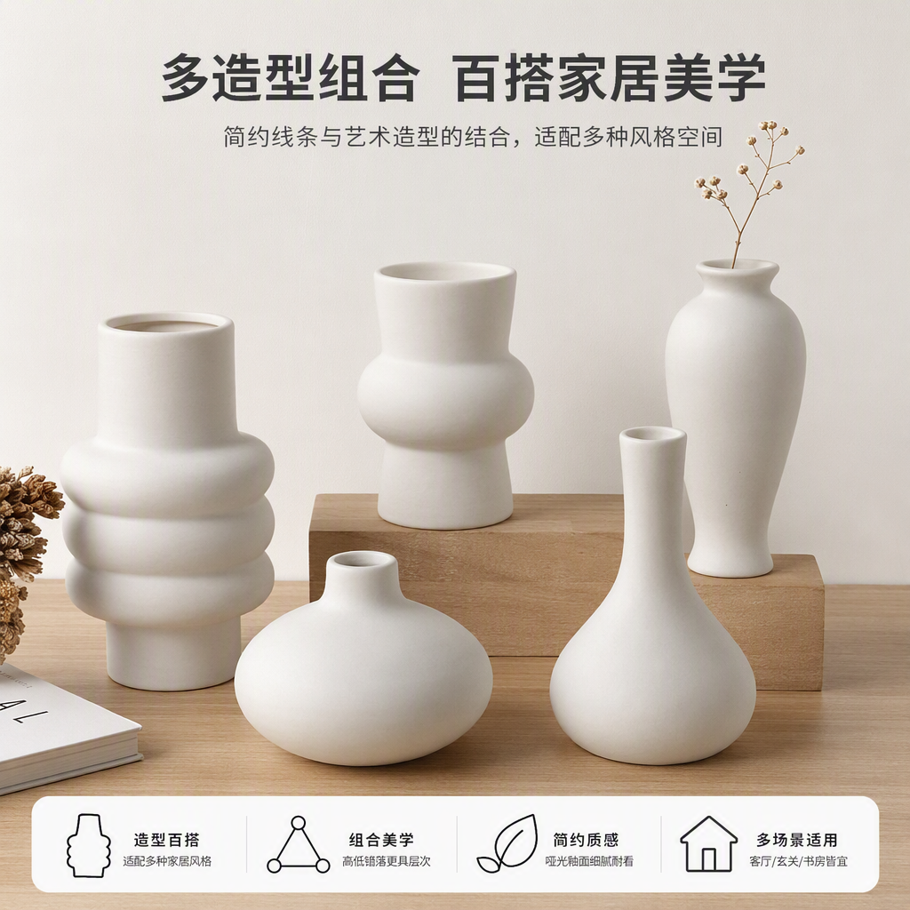 Creative white ceramic vase set, a combination of multiple home decoration items, simple and modern craftsmanship masterpieces