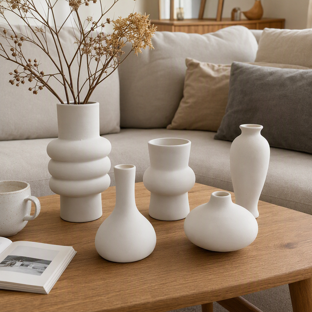 Creative white ceramic vase set, a combination of multiple home decoration items, simple and modern craftsmanship masterpieces details Picture