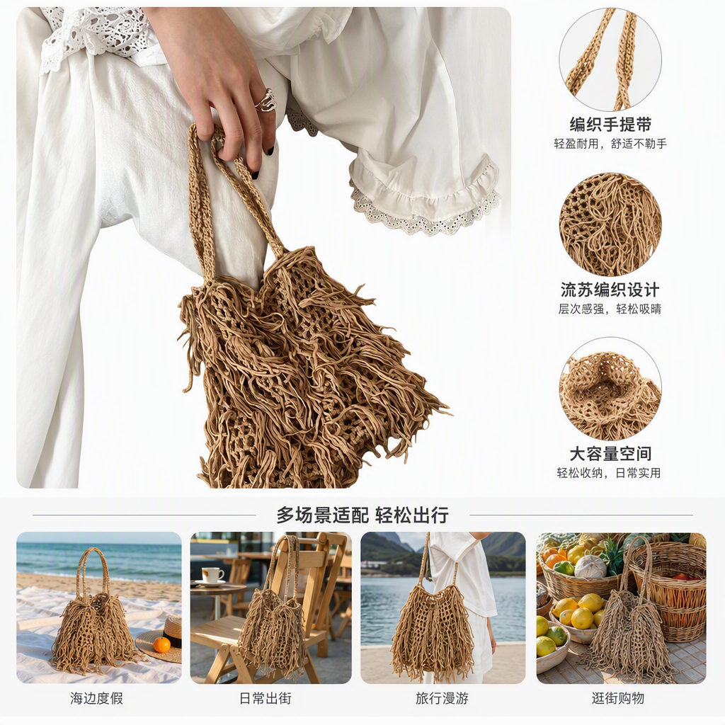 Fashionable beige fringed woven bag, hand-held crossbody bag, women's bag, casual and versatile, trendy single-shoulder bag