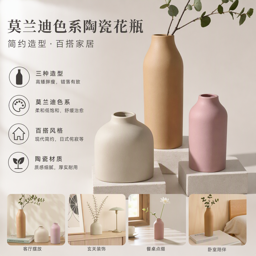 A set of three creative ceramic vases, simple and modern home decoration ornaments, handicrafts and gifts