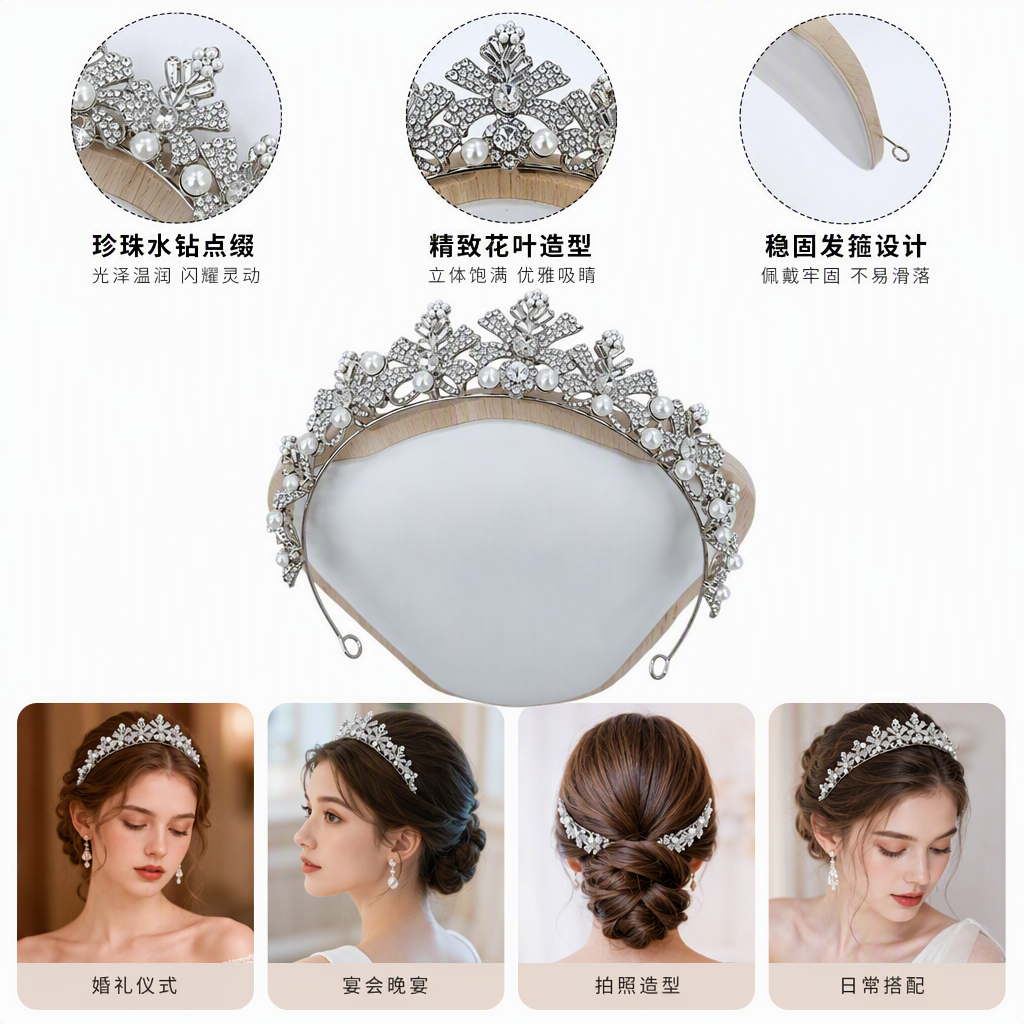 Shining silver diamond-encrusted pearl crown headwear for ladies and brides, elegant and refined hair accessories