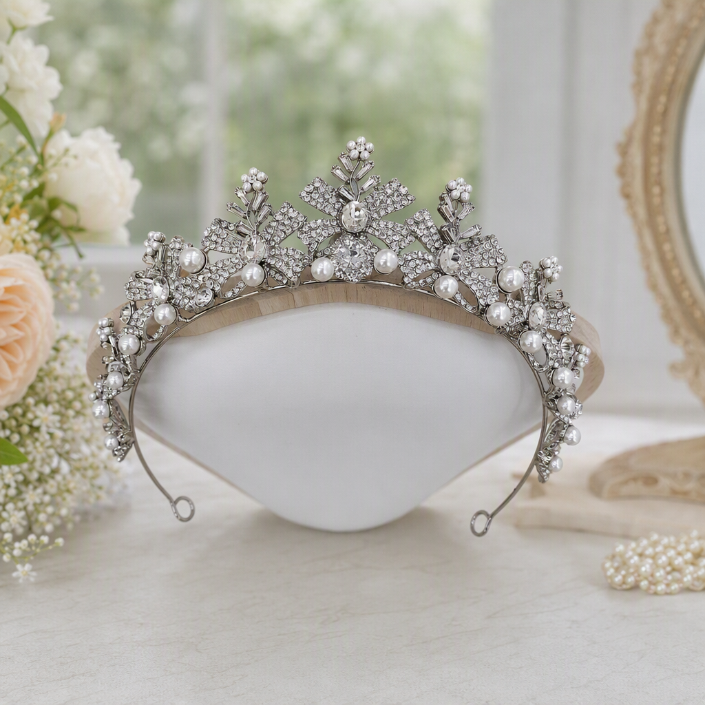 Brillo de plata con diamantes corona de perlas tiara mujer boda novia peluquería elegante temperamento con accesorios details Picture