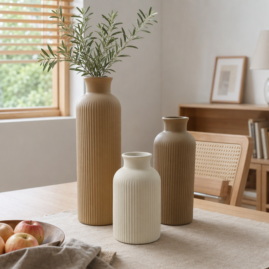 Jarrón de cerámica beige patrón vertical conjunto simple y moderno decoración del hogar decoración creativa decoración regalo regalo details Picture