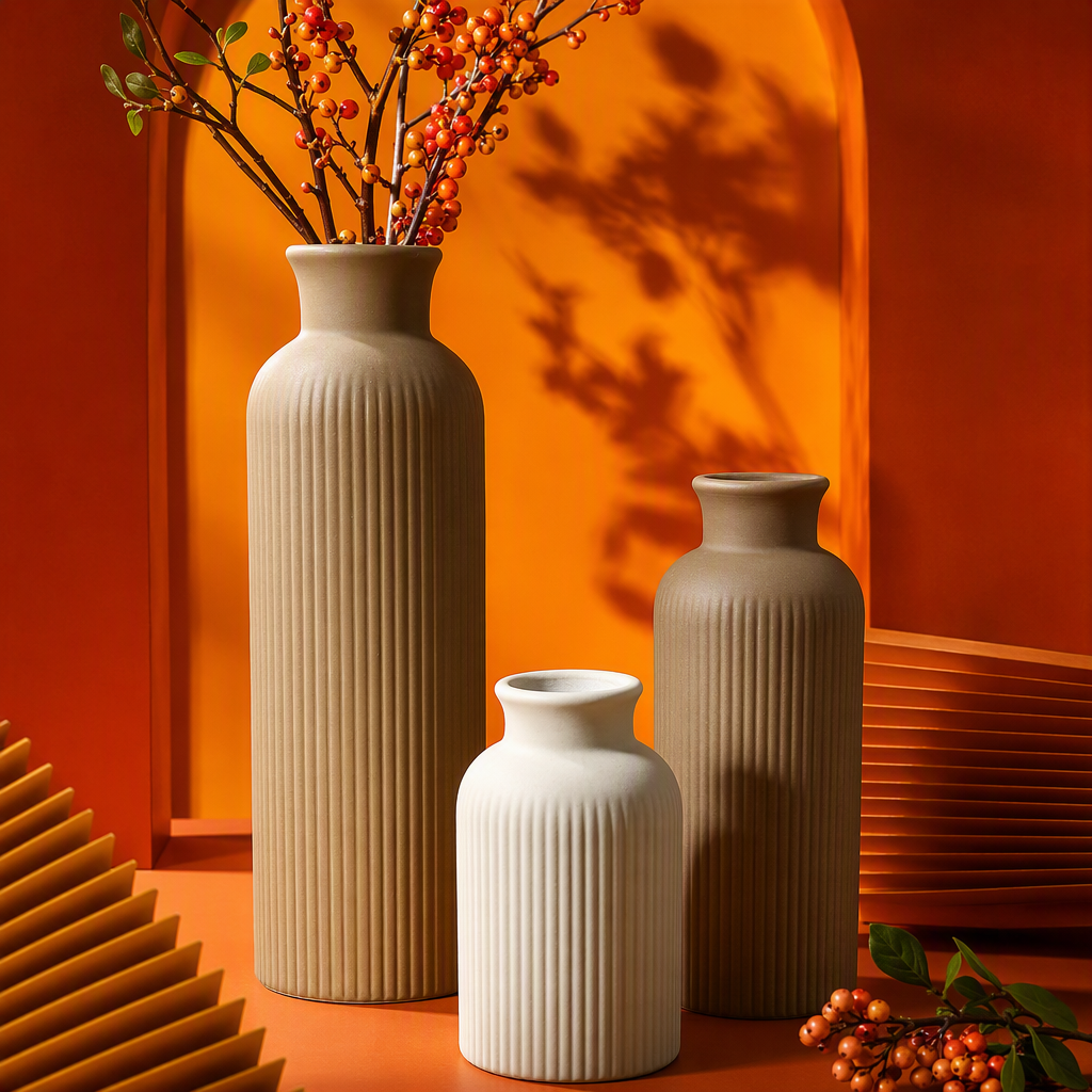 Jarrón de cerámica beige patrón vertical conjunto simple y moderno decoración del hogar decoración creativa decoración regalo regalo Specification image