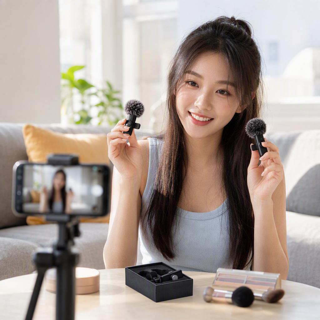 Black wireless microphone set with windproof bristles, USB-C receiver accessory, black packaging box, portable professional audio equipment details Picture
