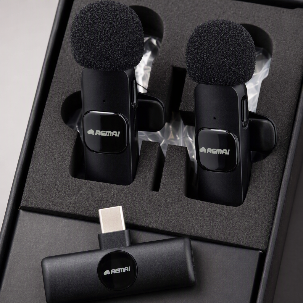 Black wireless microphone set with windproof bristles, USB-C receiver accessory, black packaging box, portable professional audio equipment Specification image