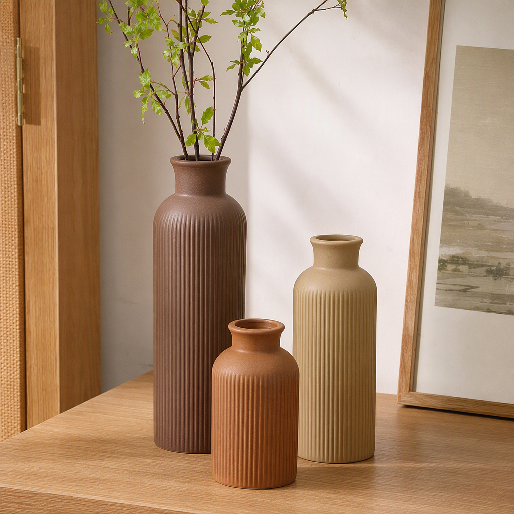 Brown vertical patterned earthenware vase, beige vertical patterned earthenware vase, orange vertical patterned earthenware vase, creative decorative ceramic vase handicrafts details Picture