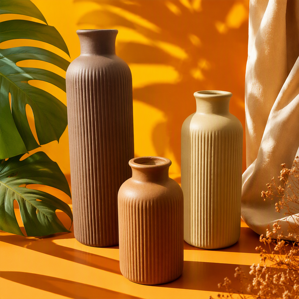 Brown vertical patterned earthenware vase, beige vertical patterned earthenware vase, orange vertical patterned earthenware vase, creative decorative ceramic vase handicrafts Specification image
