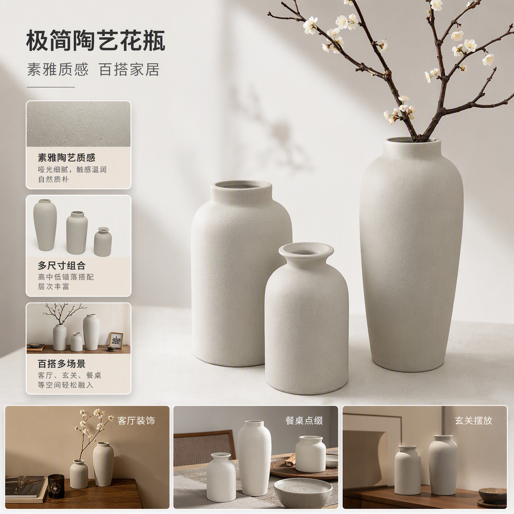 Three-piece white ceramic vase set, a simple and modern living room decoration item, home decoration gift, elegant style for giving as a present