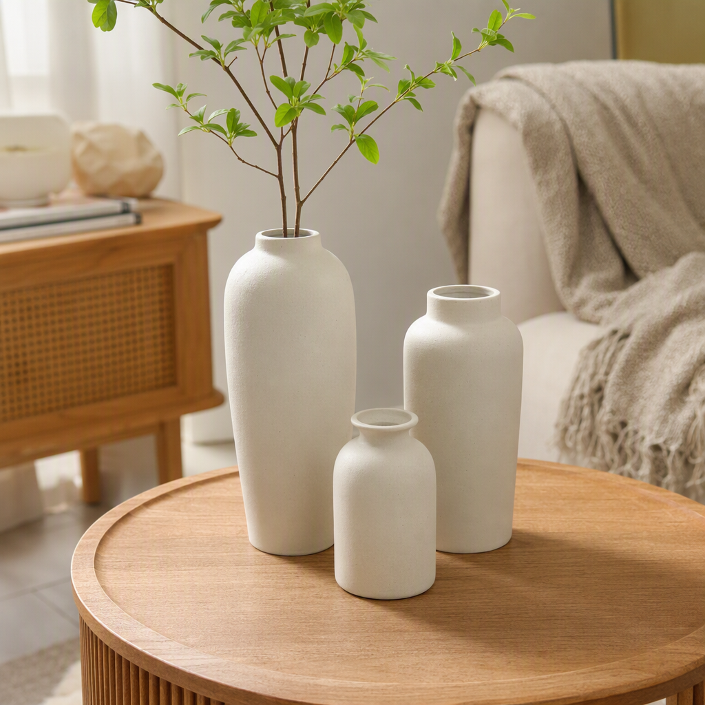 Three-piece white ceramic vase set, a simple and modern living room decoration item, home decoration gift, elegant style for giving as a present details Picture