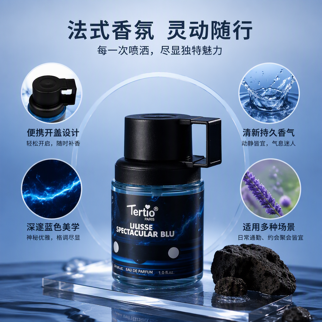 Tertio Paris ULISSE SPECTACULAR BLU perfume, black packaging box, blue bottle, spray cap, fashionable, light and long-lasting fragrance