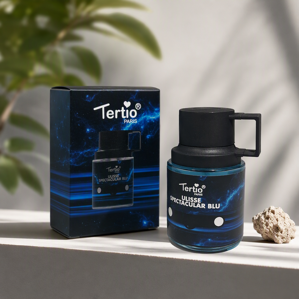 Tertio Paris ULISSE SPECTACULAR BLU perfume, black packaging box, blue bottle, spray cap, fashionable, light and long-lasting fragrance details Picture