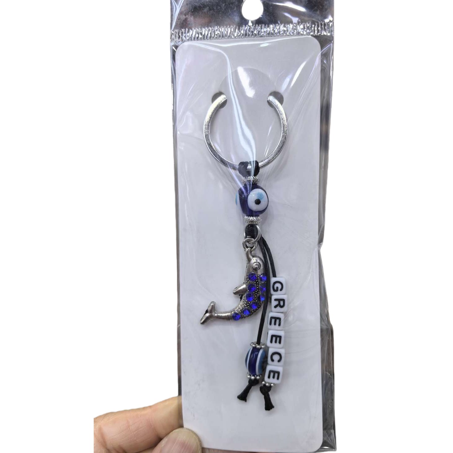 Silver keychain with blue Devil's eye dolphin pendant, white letter beads, blue and white stripes, Devil's Eye packaging card plate accessory Item Picture