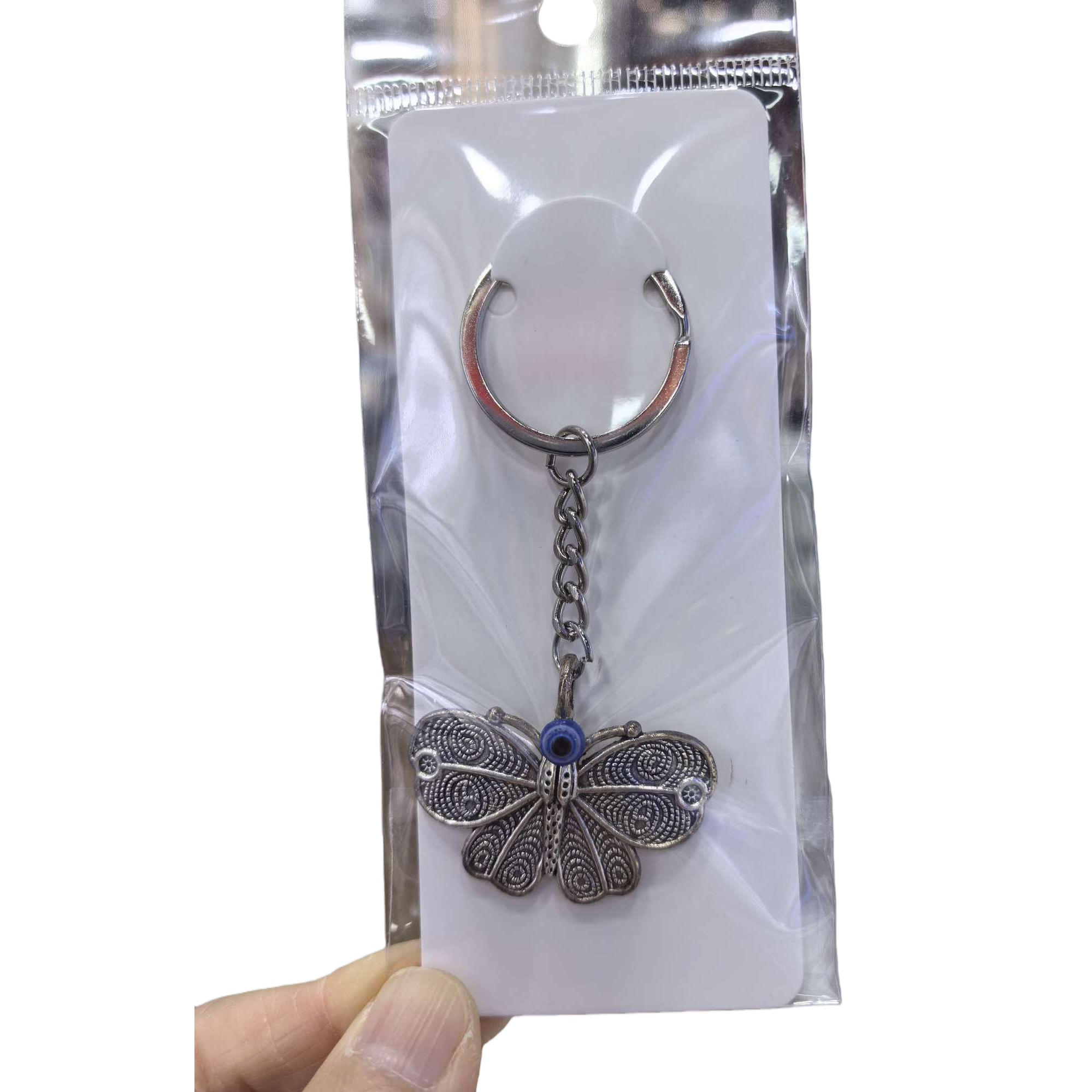 Silver butterfly-shaped keychain with blue evil eye bead decoration, fashionable and personalized pendant gift Item Picture