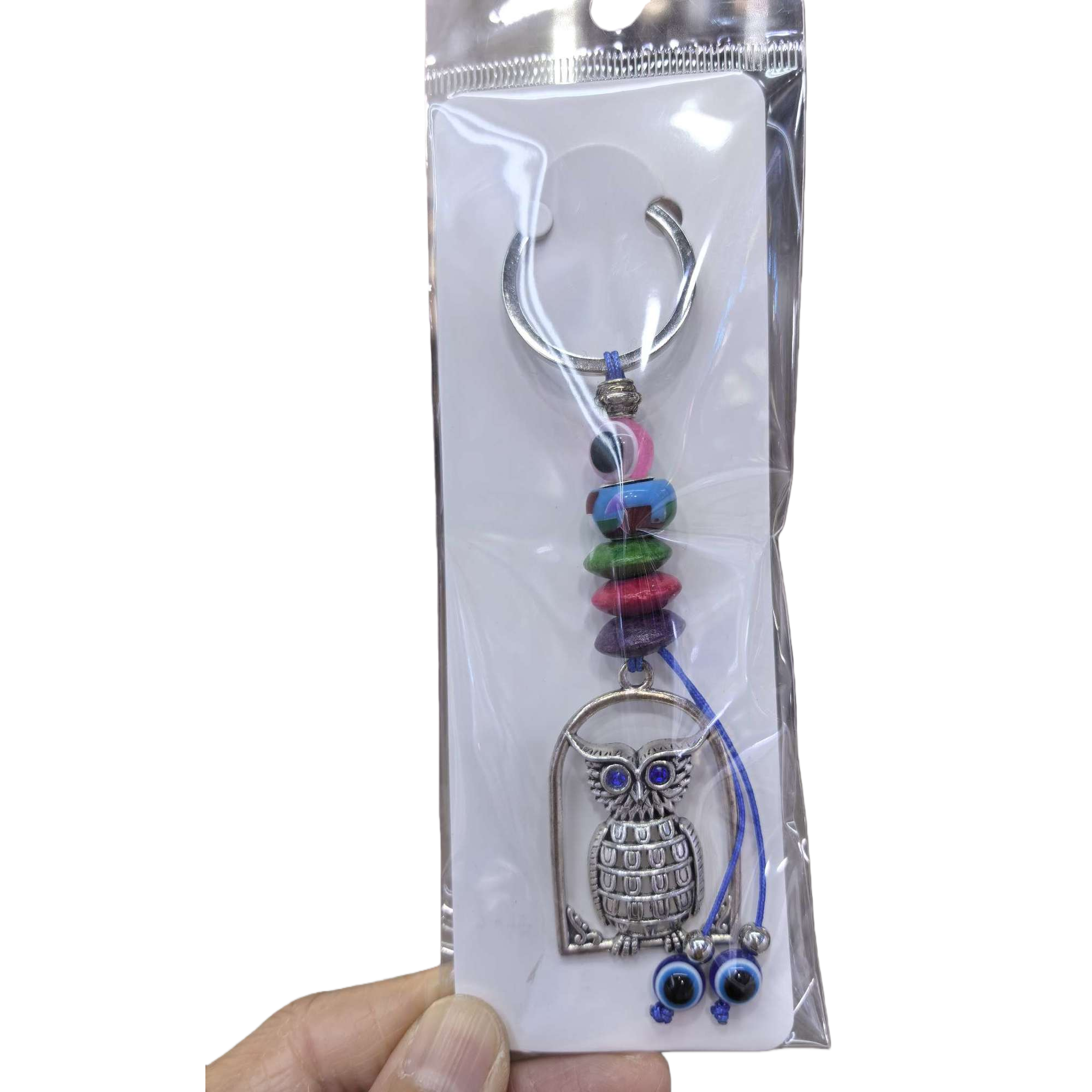 银色猫头鹰钥匙扣彩色珠子蓝眼珠装饰时尚创意挂件礼品赠品白底实物图