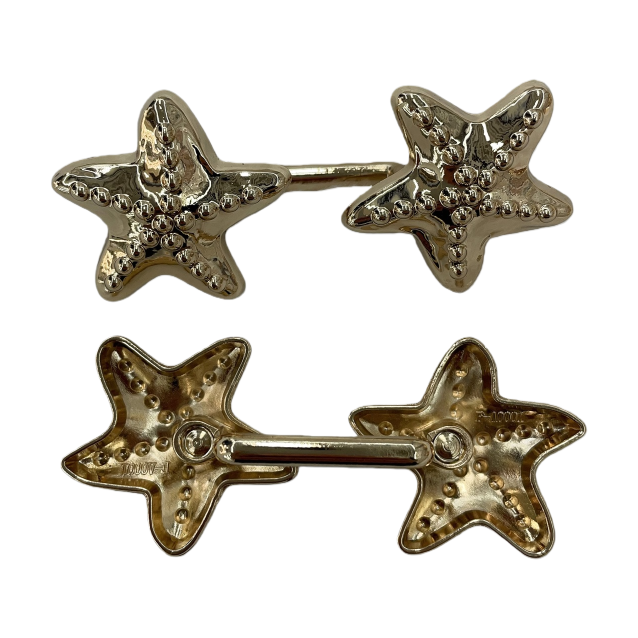 Golden starfish-shaped brooch, fashionable and versatile metal accessory, ladies' accessory gift, European and American fashion clothing, clothing bags, alloy button-down bikini swimsuits, chest connection buttons, clothes and scarves Item Picture