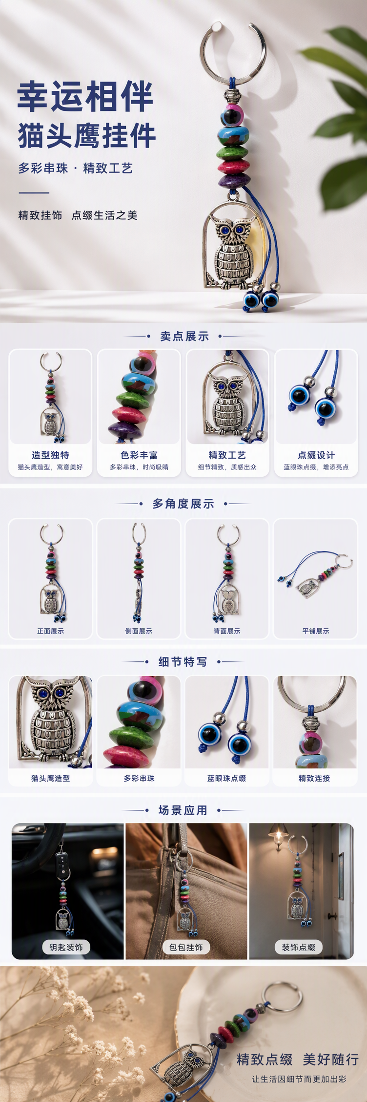 银色猫头鹰钥匙扣彩色珠子蓝眼珠装饰时尚创意挂件礼品赠品详情1