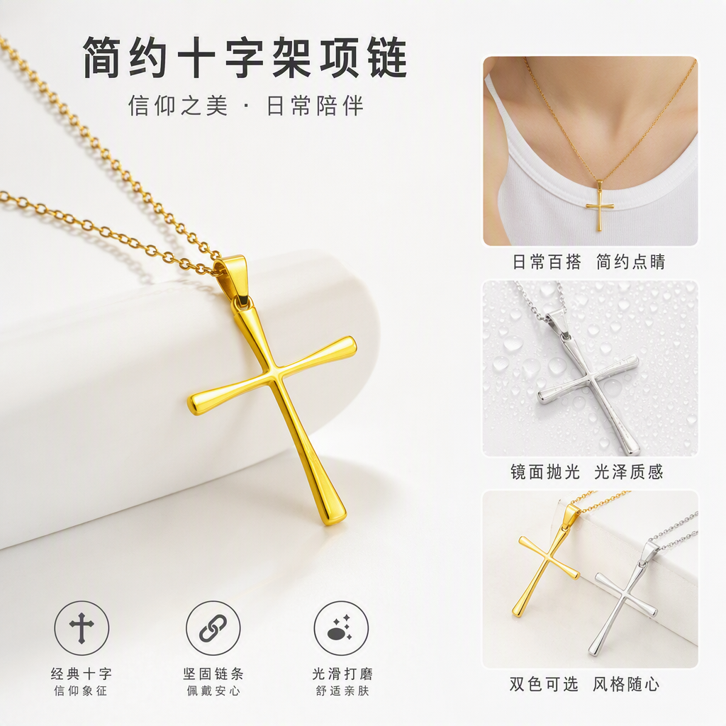 والصلبان الذهبي والفولاذ المصنوع من الفولاذ غير القابل للصدأ، قلادة من الفولاذ غير القابل للصدأ مصنوعة من حروف من ألواح مصنوعة من الحرف،