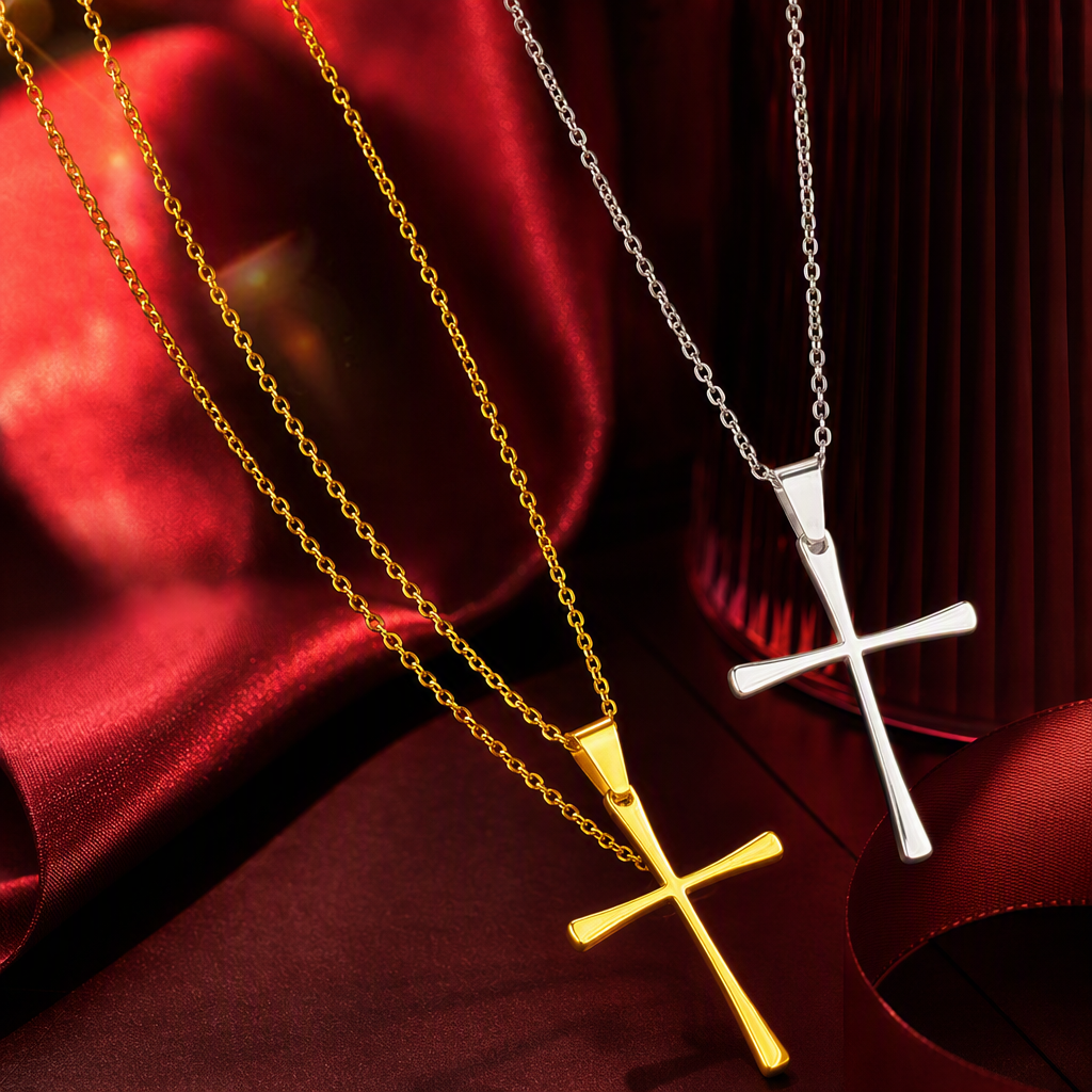 A simple polished stainless steel necklace pendant with a golden steel cross and letter accessories, a fashionable and versatile accessory for both men and women Specification image