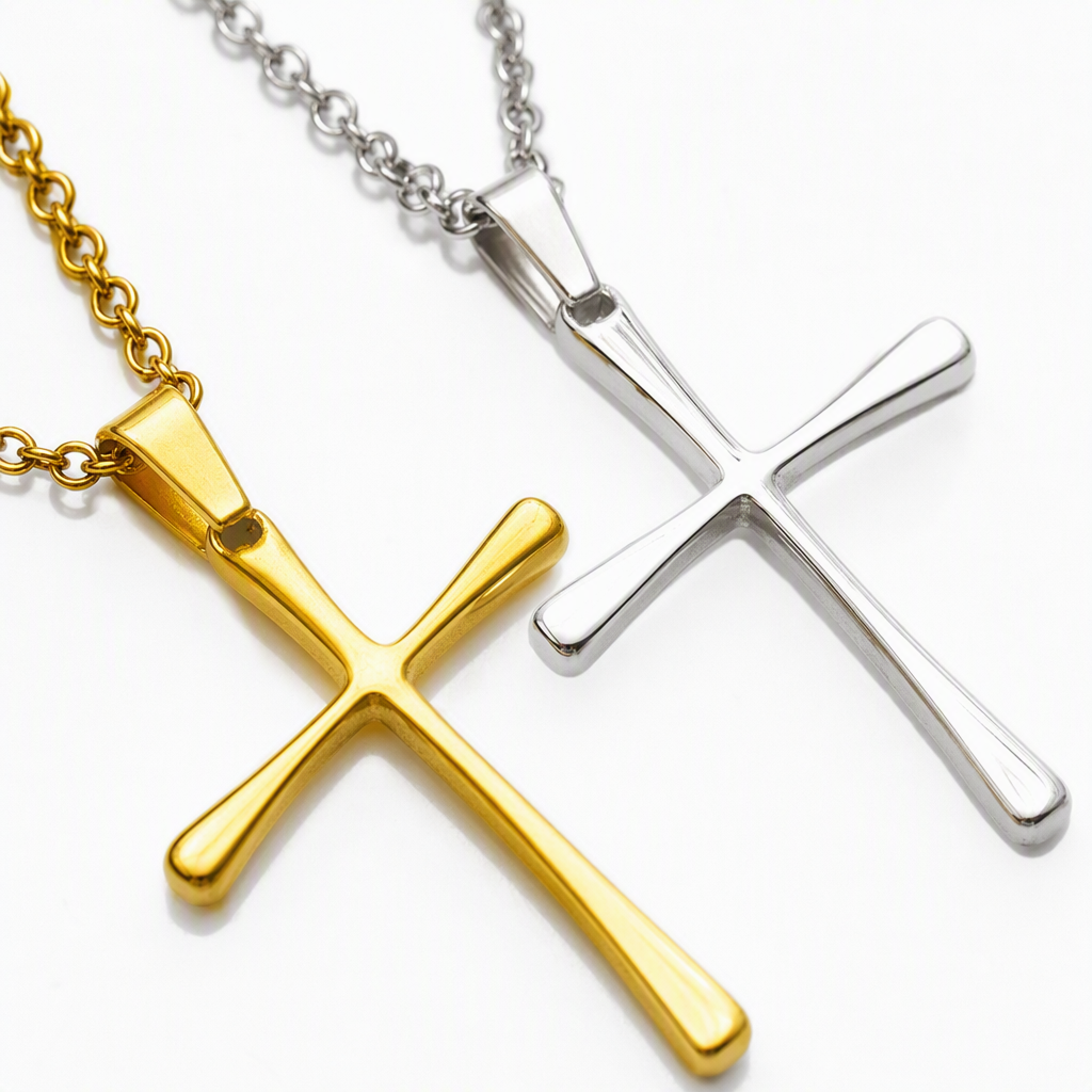 A simple polished stainless steel necklace pendant with a golden steel cross and letter accessories, a fashionable and versatile accessory for both men and women Application Scenario